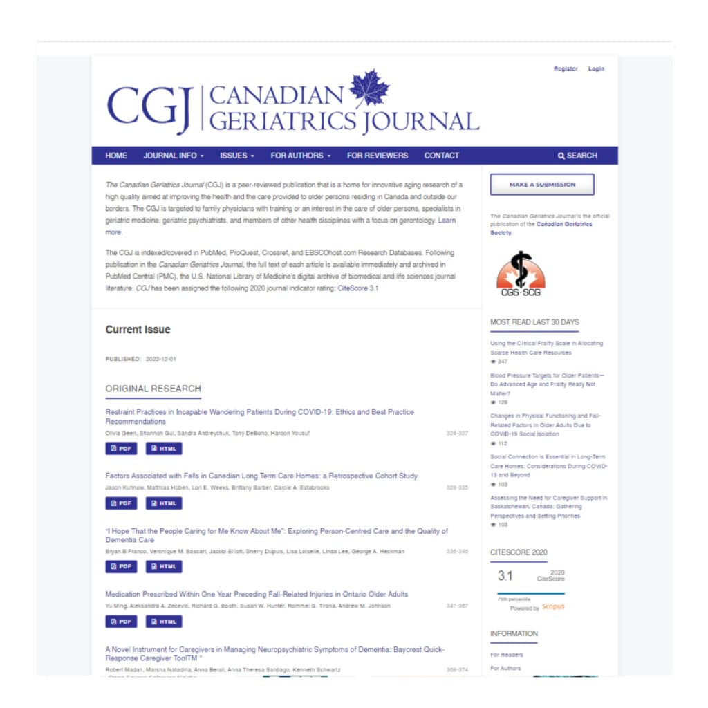 Screenshot of The Canadian Geriatrics Journal homepage