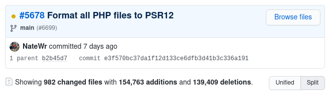 A screenshot of the code formatting commit showing more than 150,000 lines of code changed.