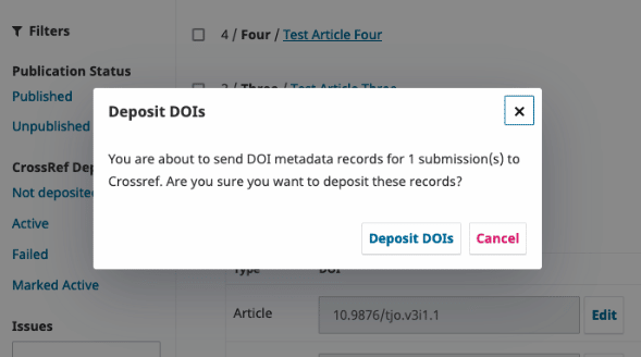A screenshot of the tool to deposit DOIs in bulk