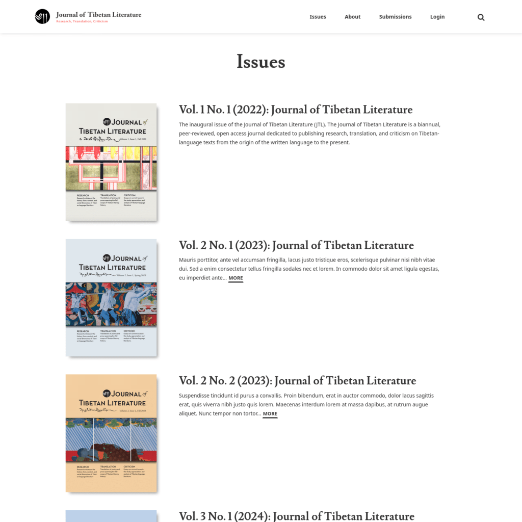 Screenshot of issue archive for Journal of Tibetan Literature
