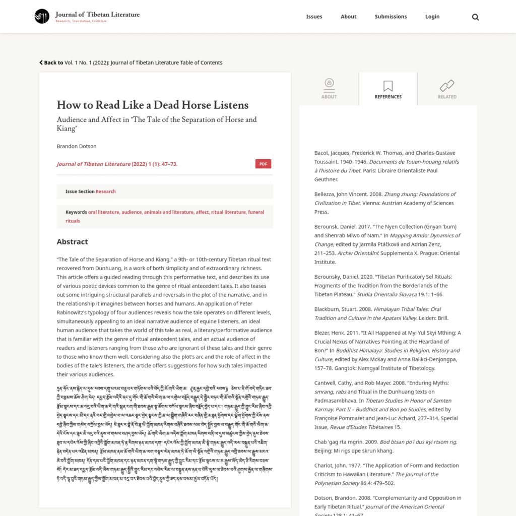 Screenshot of the references pane of an article in the Journal of Tibetan Literature