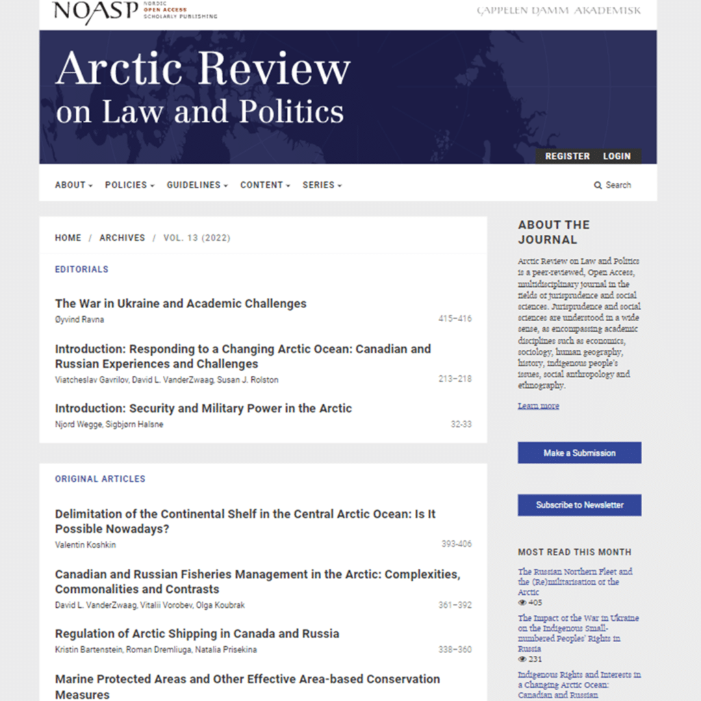 This page shows an overview of an issue, including a breakdown by section, titles, page numbers, authors and more. The right column displays information about the journal, calls to action (make a submission, subscribe to newsletter), and a 'most read articles this month' feed. 