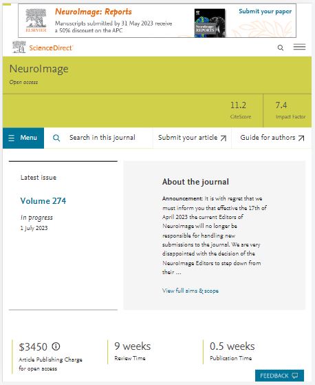 The "About" page from NeuroImage shares an announcement about editors of the journal stepping down. The article processing charges (APCs) are $3450 for open access publication of an article. 