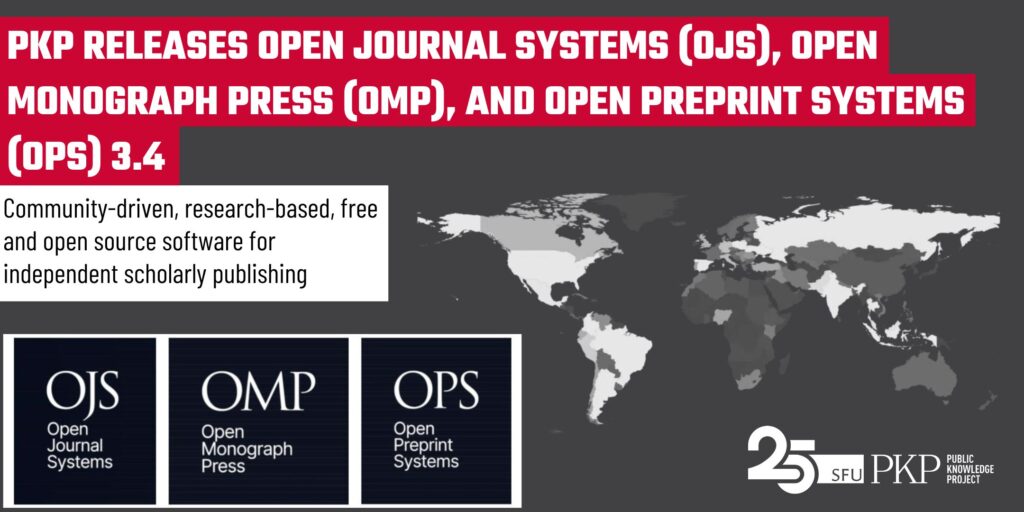 PKP releases Open Journal Systems (OJS), Open Monograph Press (OMP), and Open Preprint Systems (OPS) 3.4! Download today to access community-driven, research-based, free and open source software for independent scholarly publishing. The software is used all around the world - for example, the map shows 30,000+ journals using OJS globally to extend their quality, reach, and access. PKP is celebrating its 25th anniversary!  