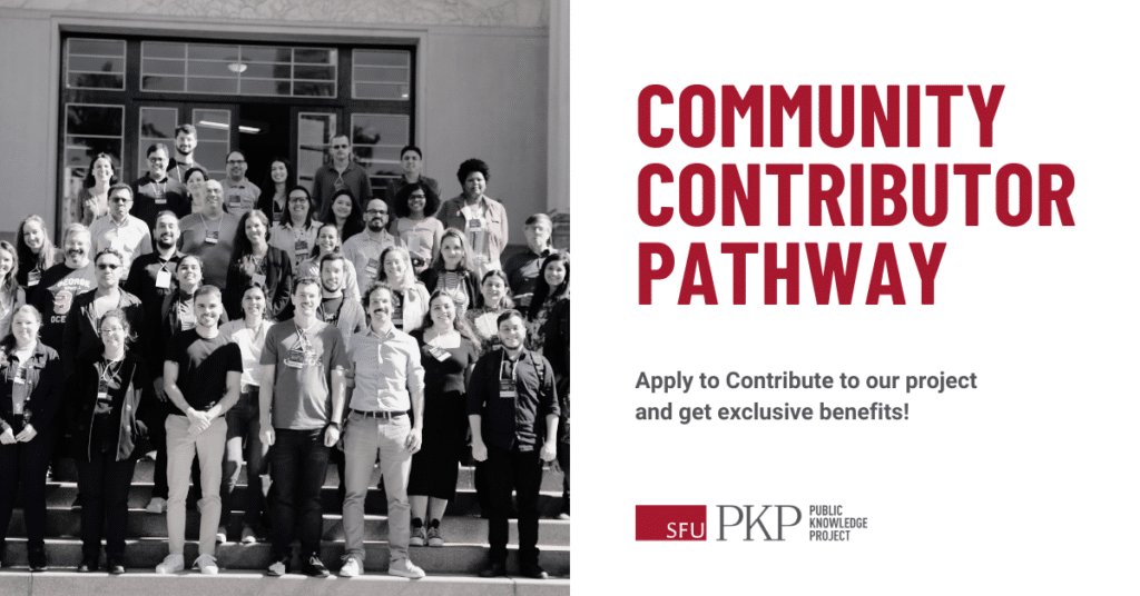 Blog post Banner "Community Contributor Pathway" Group of people attending PKP Brasil 2023