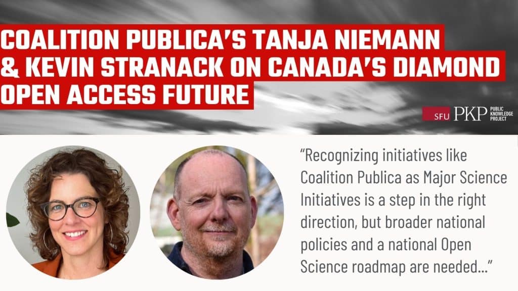 Banner for a PKP and SFU blogpost titled “Coalition Publica’s Tanja Niemann and Kevin Stranack on Canada’s Diamond Open Access Future,” featuring headshots of Tanja Niemann and Kevin Stranack and a quote about the need for national open science policies.