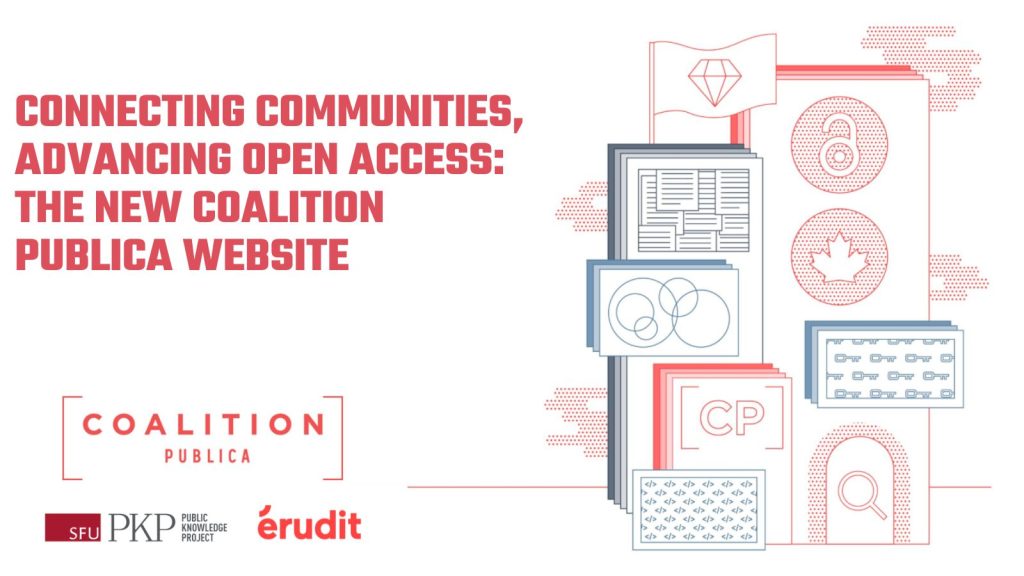 Along with the title of the post and the aligned PKP and Erudit logos, as well as the Coalition Publica logo, the feature image evokes our infrastructure, which combines PKP’s Open Journal Systems software with the erudit.org platform, our commitment to diamond open access, an open door to research, and the Canadian scholarly publishing community.