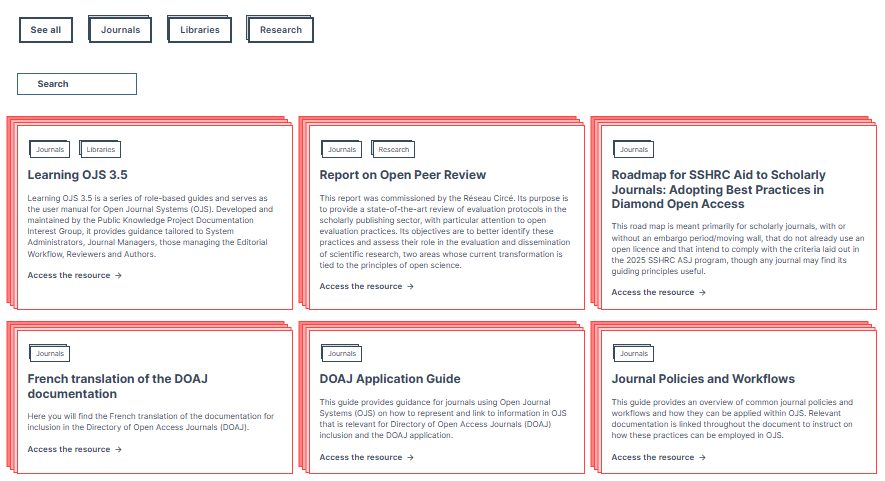 Toggle between French and English on the CP Resources page, check tags for journals, libraries, and research, and use the search bar to find specific resources. 