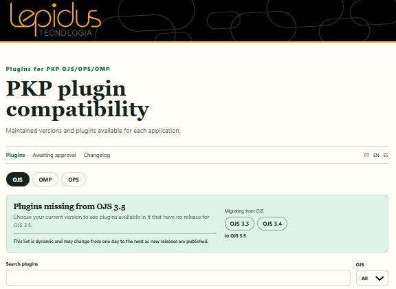 Screenshot of the Lepidus PKP Plugin Compatibility tool. Toggle between plugins, awaiting approval, changelog, OJS, OMP, OPS, Portuguese, English, Spanish, what PKP software version you are migrating from, and use a search bar to search plugins. 